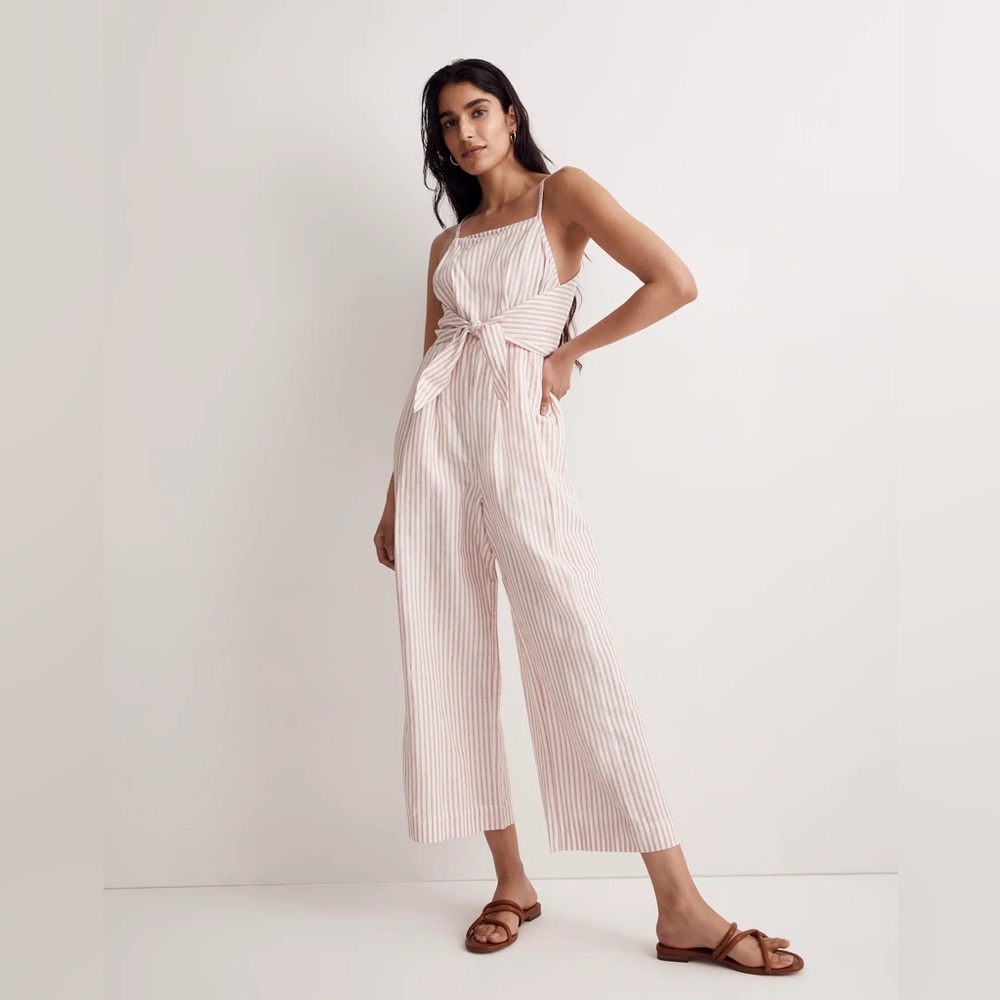 Madewell Tie-Waist Crop Wide-Leg Linen Jumpsuit in Salvaged Barn Stripe, size 14